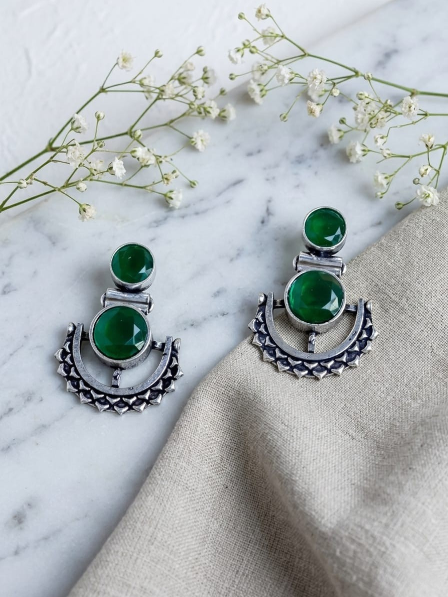 Buy Green Stone Studded Oxidised Silver Dangler Earrings Online in India