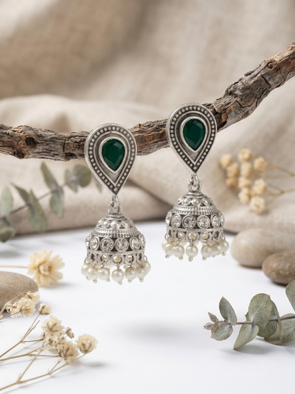 Buy Green Stone Studded Oxidised Silver Small Jhumka Earrings Online in India