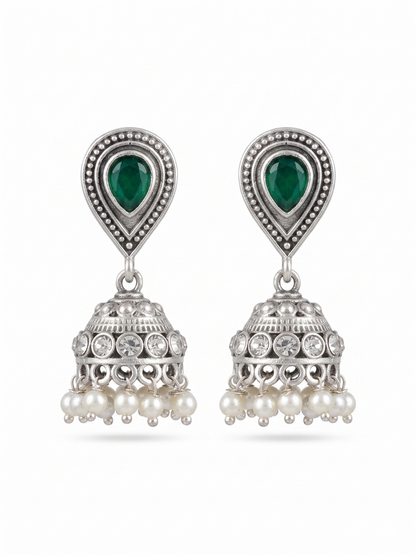 Green Stone Studded Oxidised Silver Small Jhumka Earrings