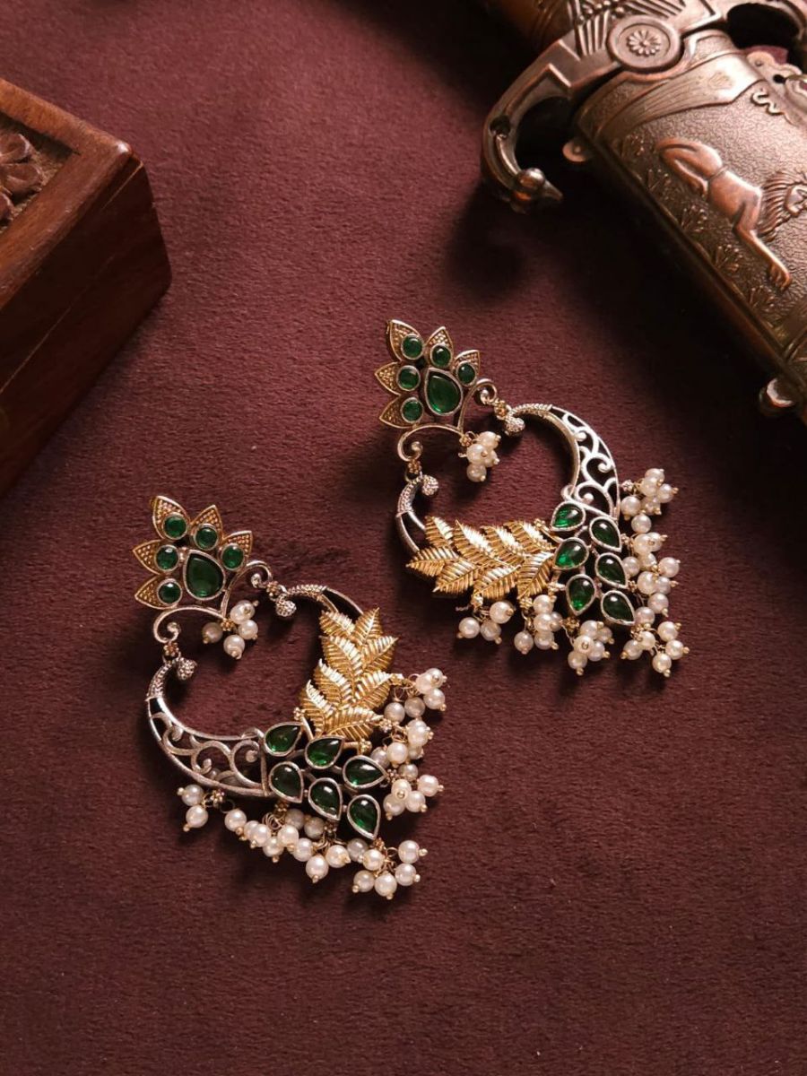 Buy Green Stones Dual Tone German Silver Oxidised Earrings - TheJewelbox