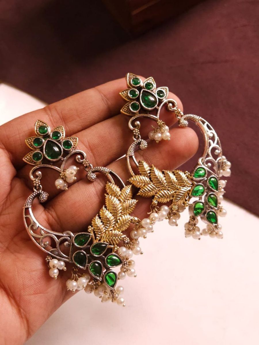 Green Stones Dual Tone German Silver Oxidised Earrings - Real Pic