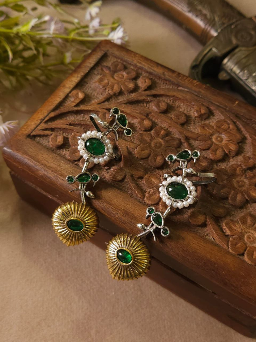 Buy Green Stones Dual Tone Oxidised Bird Earcuff Earrings Online - TheJewelbox