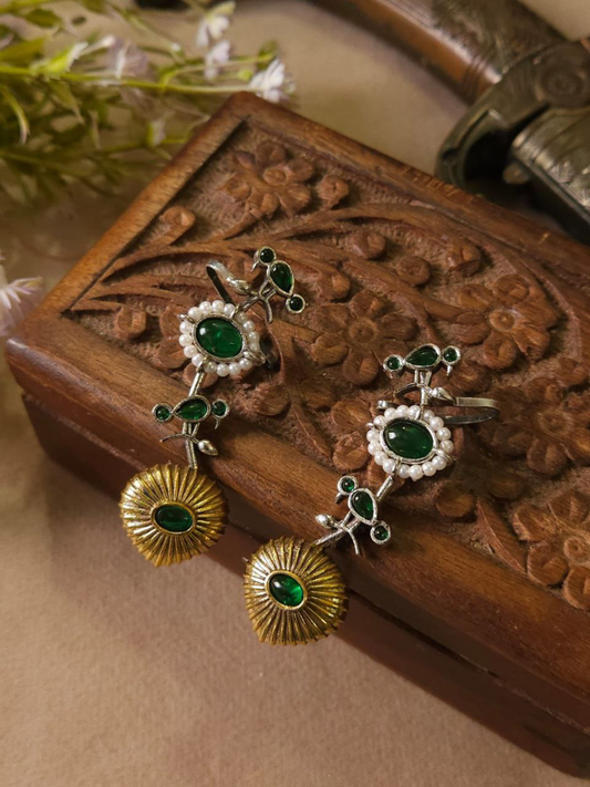 Buy Green Stones Dual Tone Oxidised Bird Earcuff Earrings Online - TheJewelbox