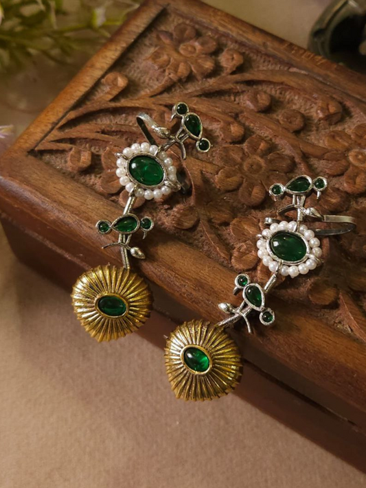 Green Stones Dual Tone Oxidised Bird Earcuff Earrings