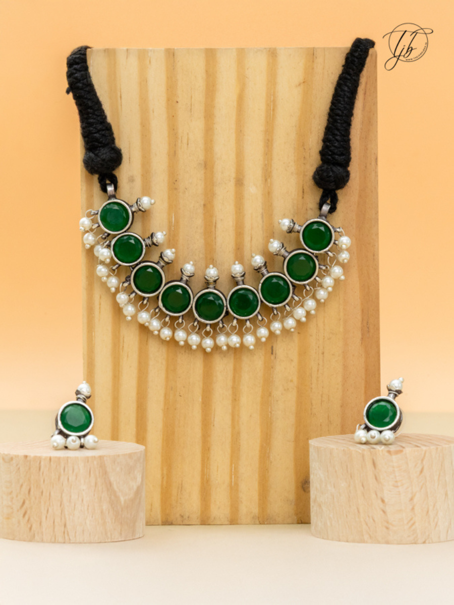 Buy Green Stones German Silver Oxidised Thread Necklace Set Online - TheJewelbox