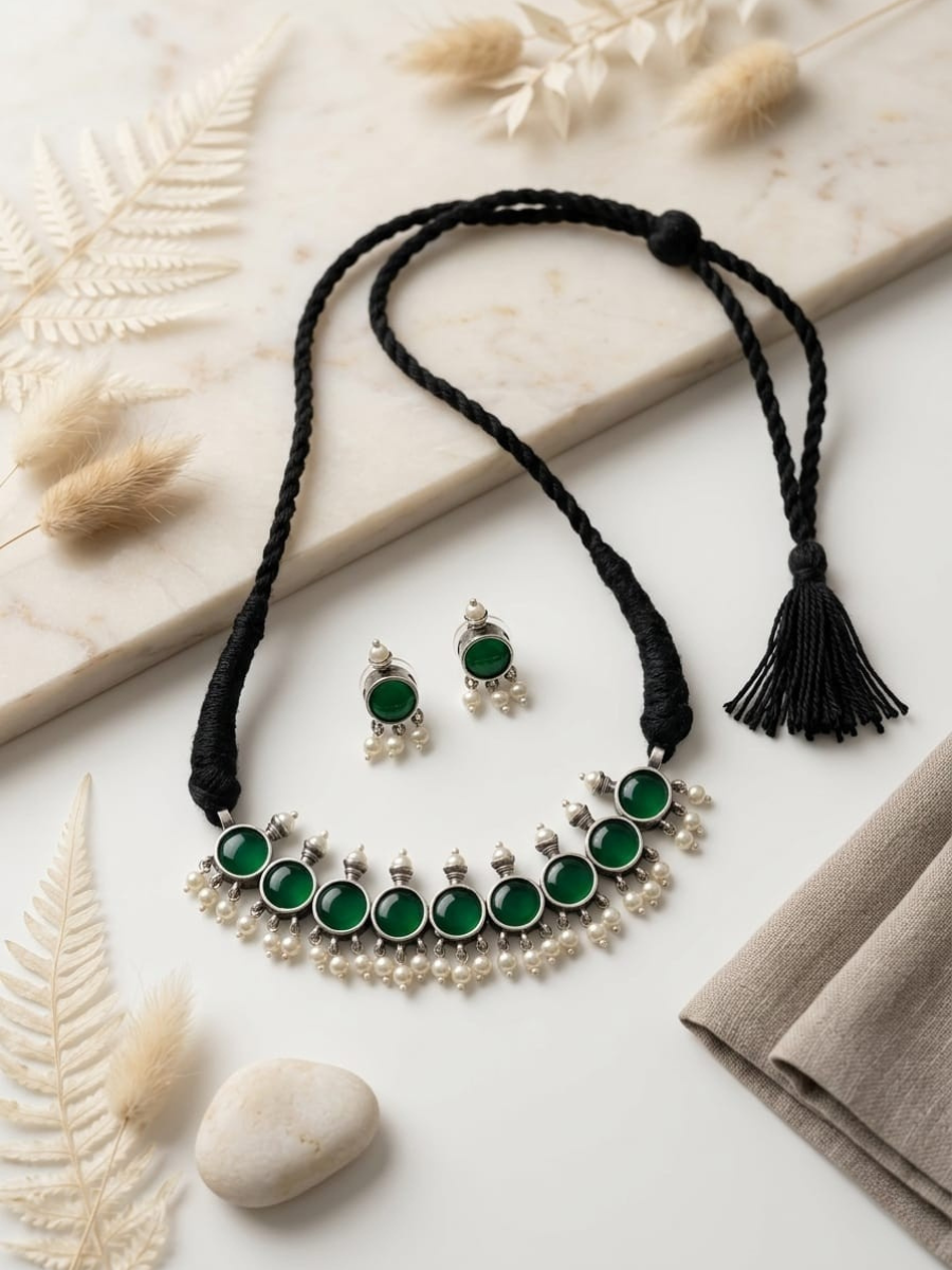 Oxidised Silver Green Stones Thread Necklace Set