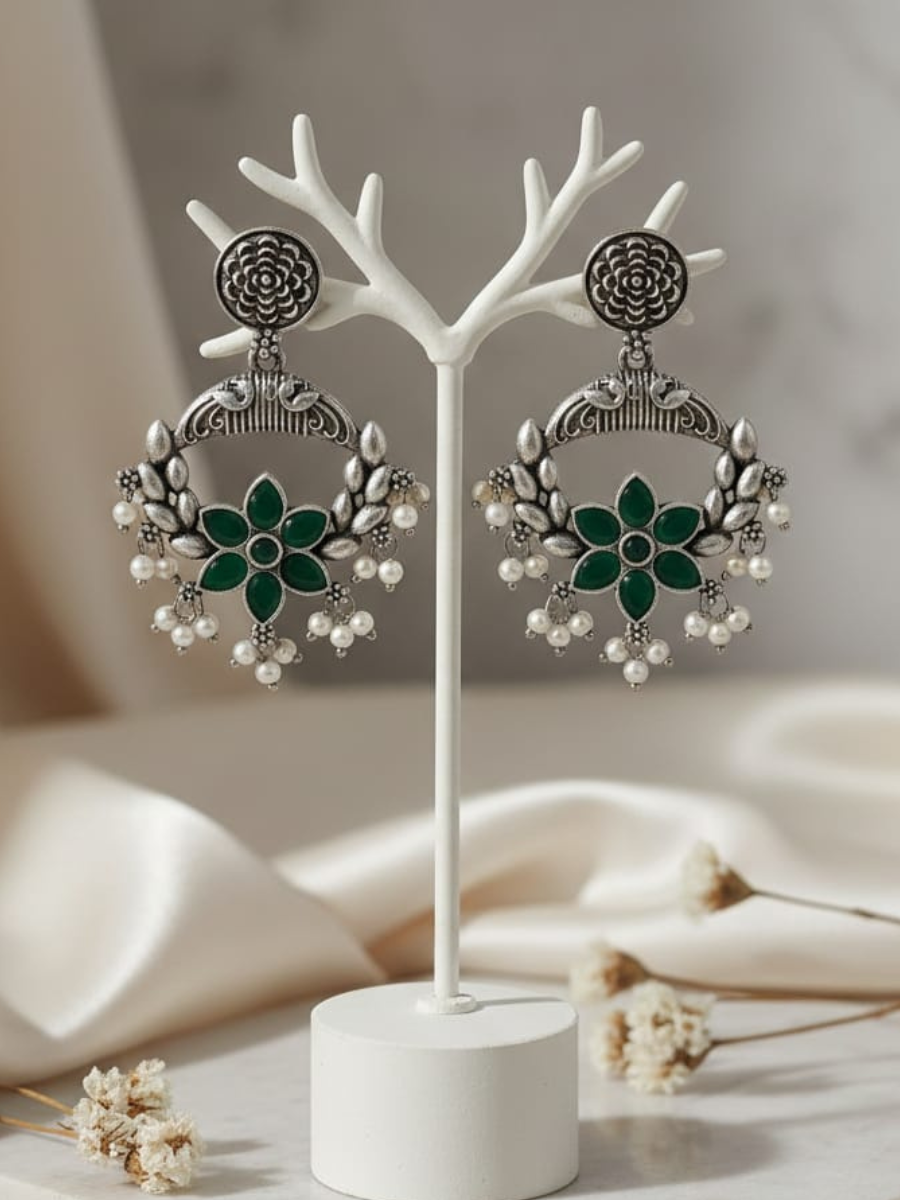 Oxidised Silver Emerald Green Floral Chandbalis