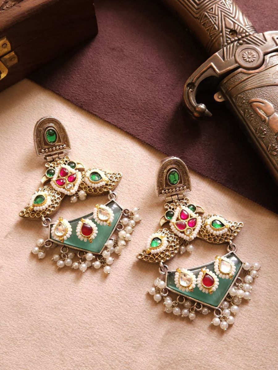 Buy Green Stones and Kundan Studded Peacock Oxidised Earrings - TheJewelbox