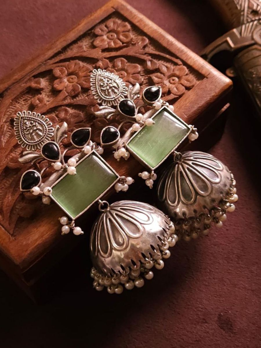 Green and Black Stones German Silver Oxidised Jhumka Earrings