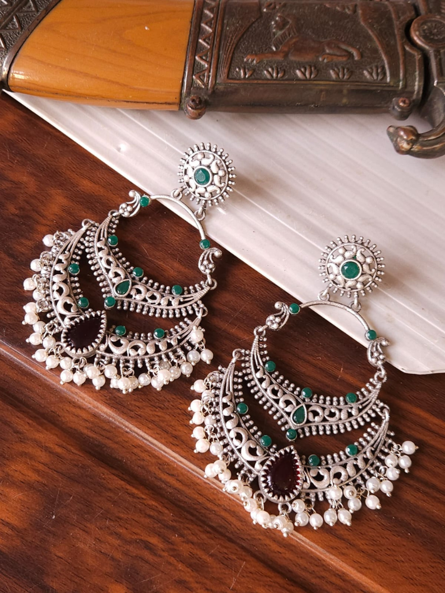 Buy Green and Brown Stone German Silver Oxidised Chandbali Earrings - TheJewelbox