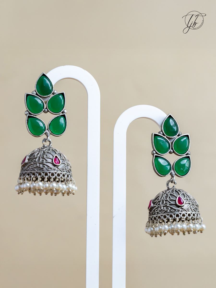 Buy Green and Red Leaf Shaped Big Oxidised Silver Jhumka Earrings Online - TheJewelbox