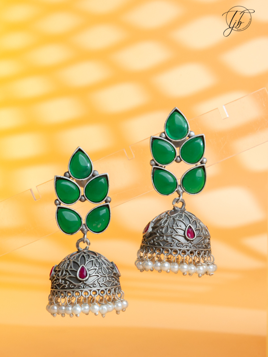 Green and Red Leaf Shaped Big Oxidised Silver Jhumka Earrings