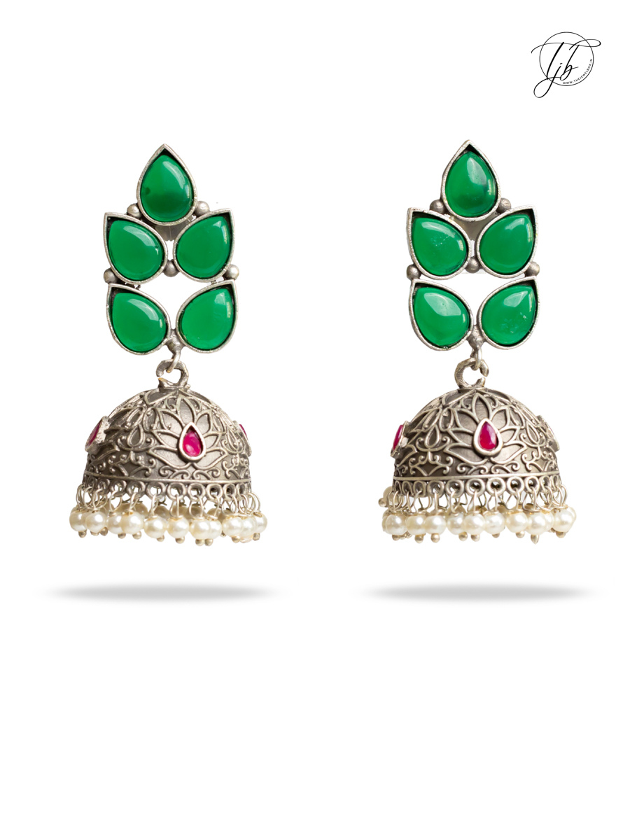 Leaf Shaped Green and Red Stones Big Oxidised Silver Jhumka Earrings