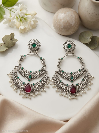 Buy Green and Ruby Red Stones German Silver Oxidised Chandbali Earrings Online in India