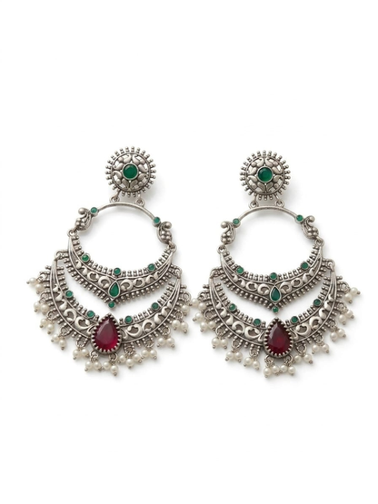 German Silver oxidised Green and Ruby Red Stones Chandbali Earrings