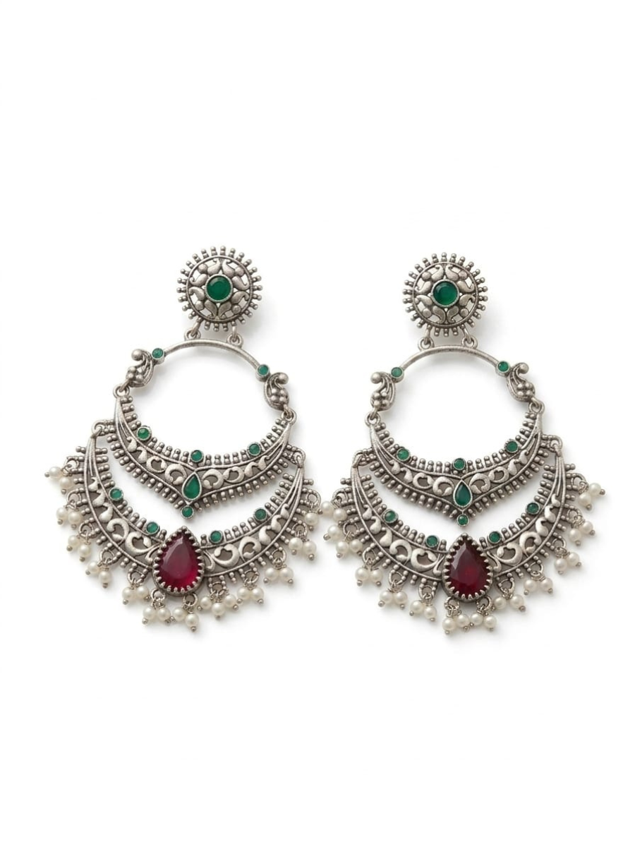 German Silver oxidised Green and Ruby Red Stones Chandbali Earrings