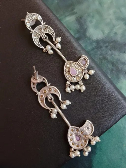 Handcrafted Baby Pink Oxidised Silver Long Drop Earrings