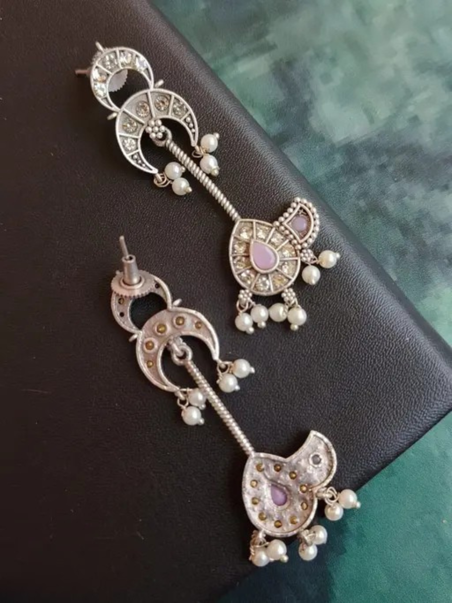 Handcrafted Baby Pink Oxidised Silver Long Drop Earrings