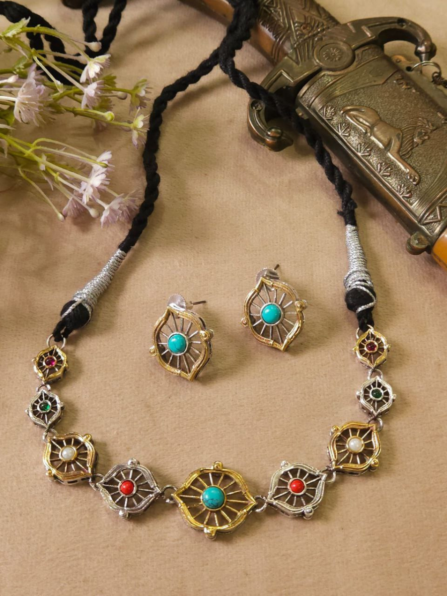 Multicolor - Antique Dual Tone Oxidised Brass Base Stone Necklace Set