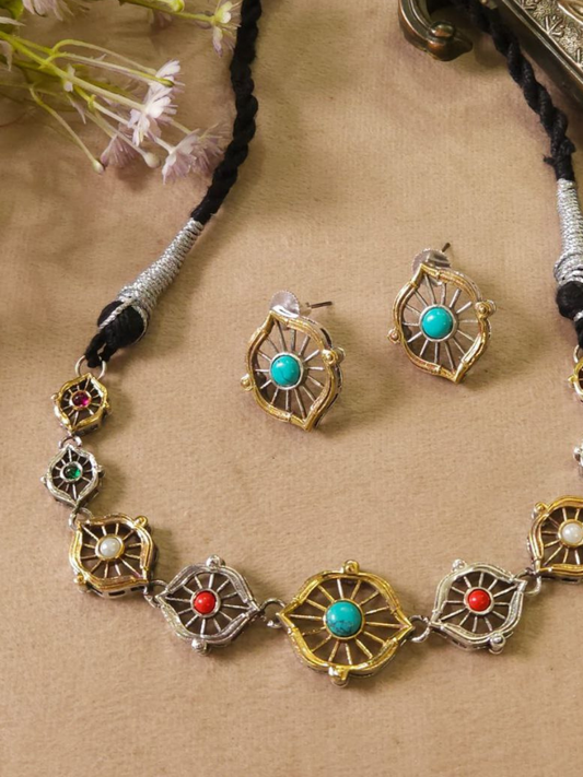 Handcrafted Dual Tone Oxidised Multicolor Choker Necklace Set