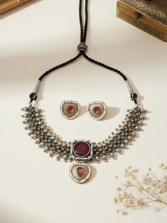 Buy Handcrafted Dual Tone Oxidised Red Stone Choker Necklace Set Online - TheJewelbox