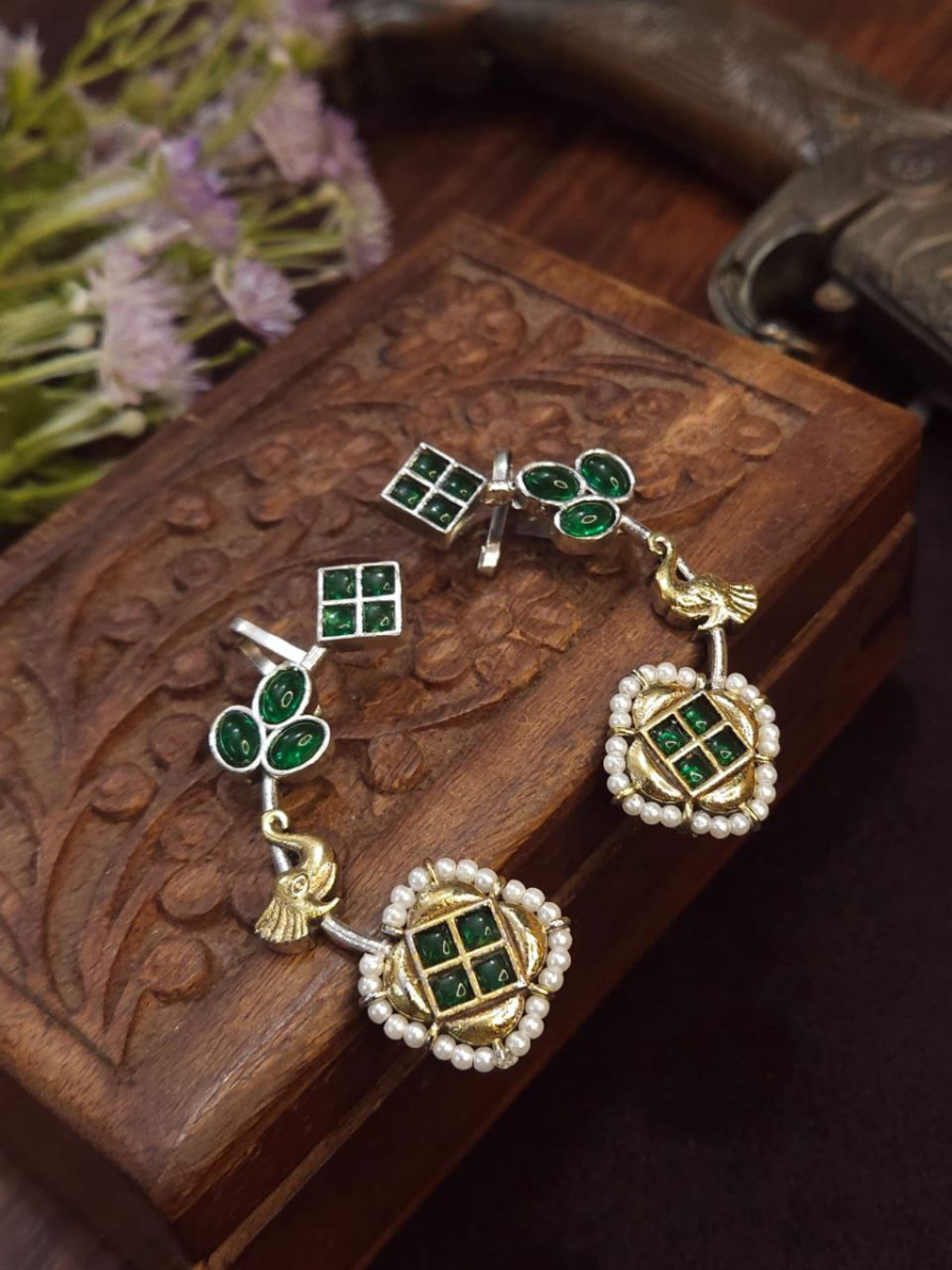 Buy Handcrafted Green Stone Dual Tone Oxidised Earcuff Online - TheJewelbox