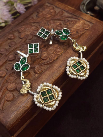 Handcrafted Green Stone Dual Tone Oxidised Earcuff