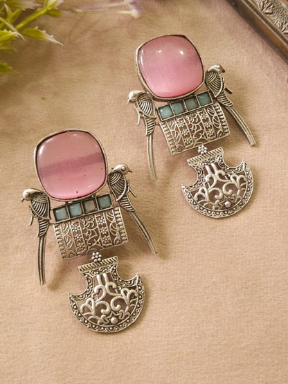Handcrafted Parrot Design Pink Oxidised Dangler Earrings