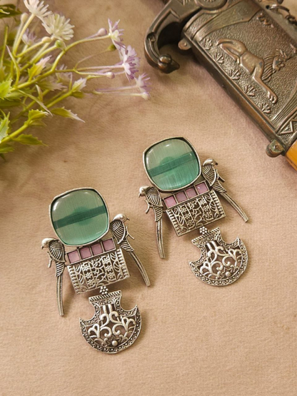 Buy Handcrafted Parrot Design Sea Green Oxidised Dangler Earrings Online - TheJewelbox