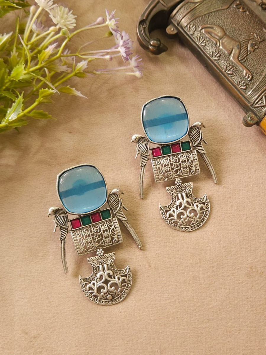 Buy Handcrafted Parrot Design Sky Blue Oxidised Dangler Earrings Online - TheJewelbox