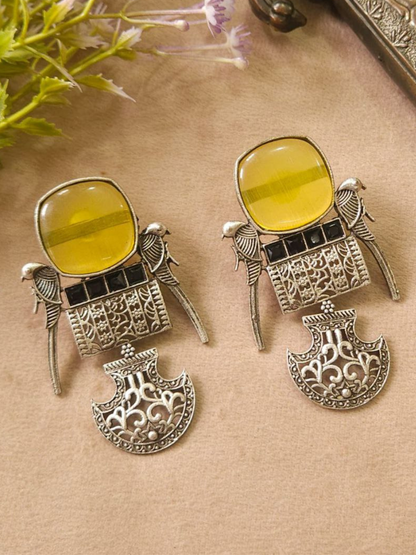 Handcrafted Parrot Design Yellow Oxidised Dangler Earrings