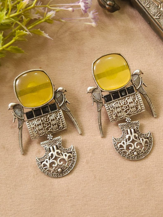 Handcrafted Parrot Design Yellow Oxidised Dangler Earrings