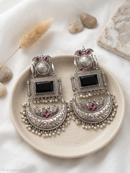 Oxidised silver peacock chandbali earrings for women