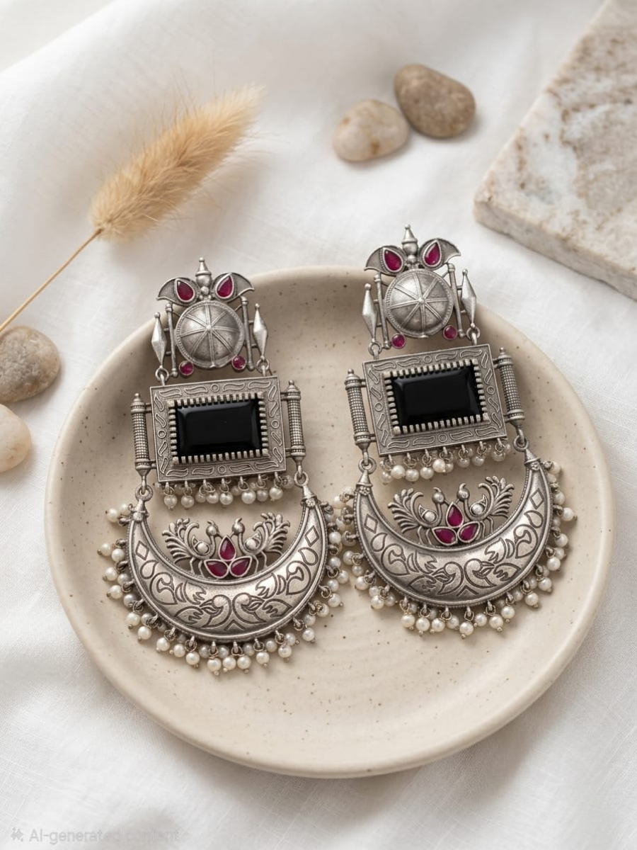 Oxidised silver peacock chandbali earrings for women