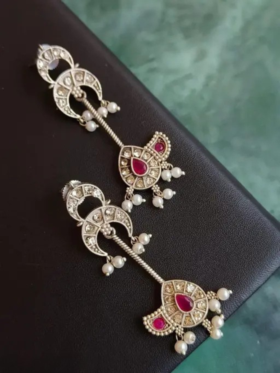 Buy Handcrafted Ruby Red Oxidised Silver Long Drop Earrings Online - TheJewelbox