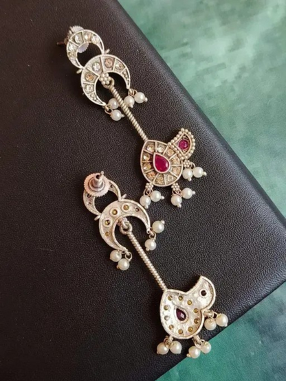 Handcrafted Oxidised Silver Ruby Red Long Drop Earrings