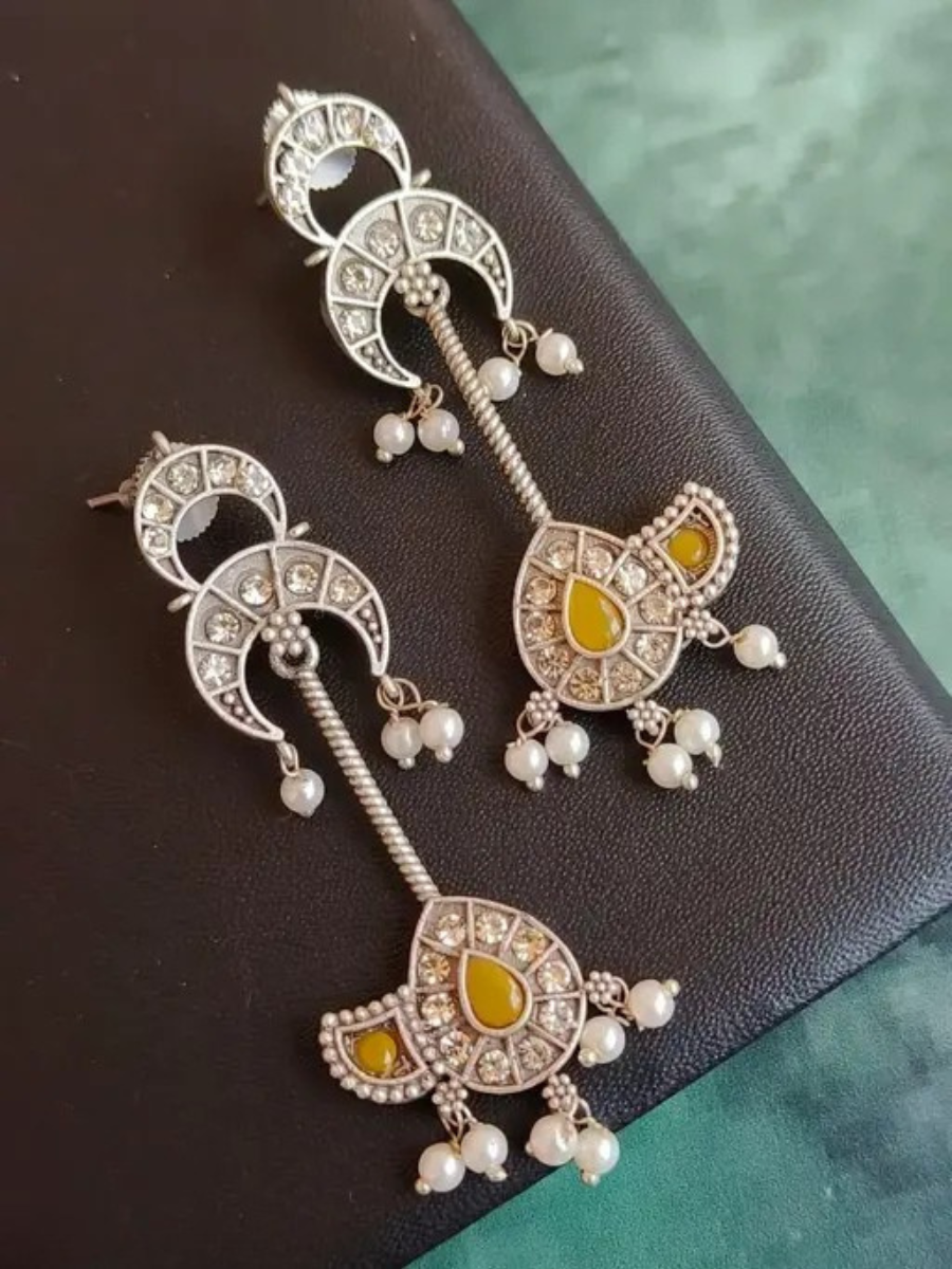 Buy Handcrafted Yellow Stones Oxidised Silver Long Earrings Online - TheJewelbox