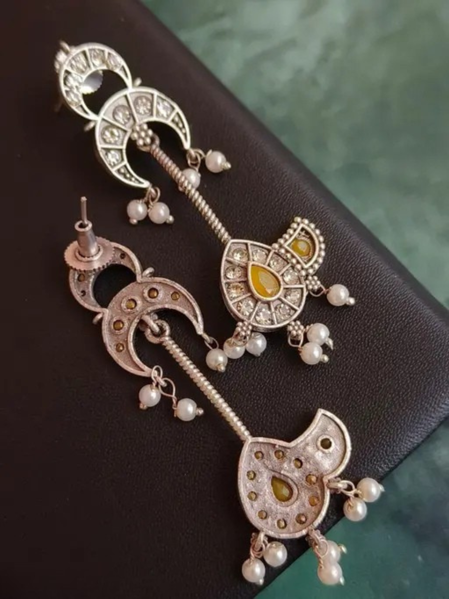 Yellow Stones Handcrafted Oxidised Silver Long Earrings