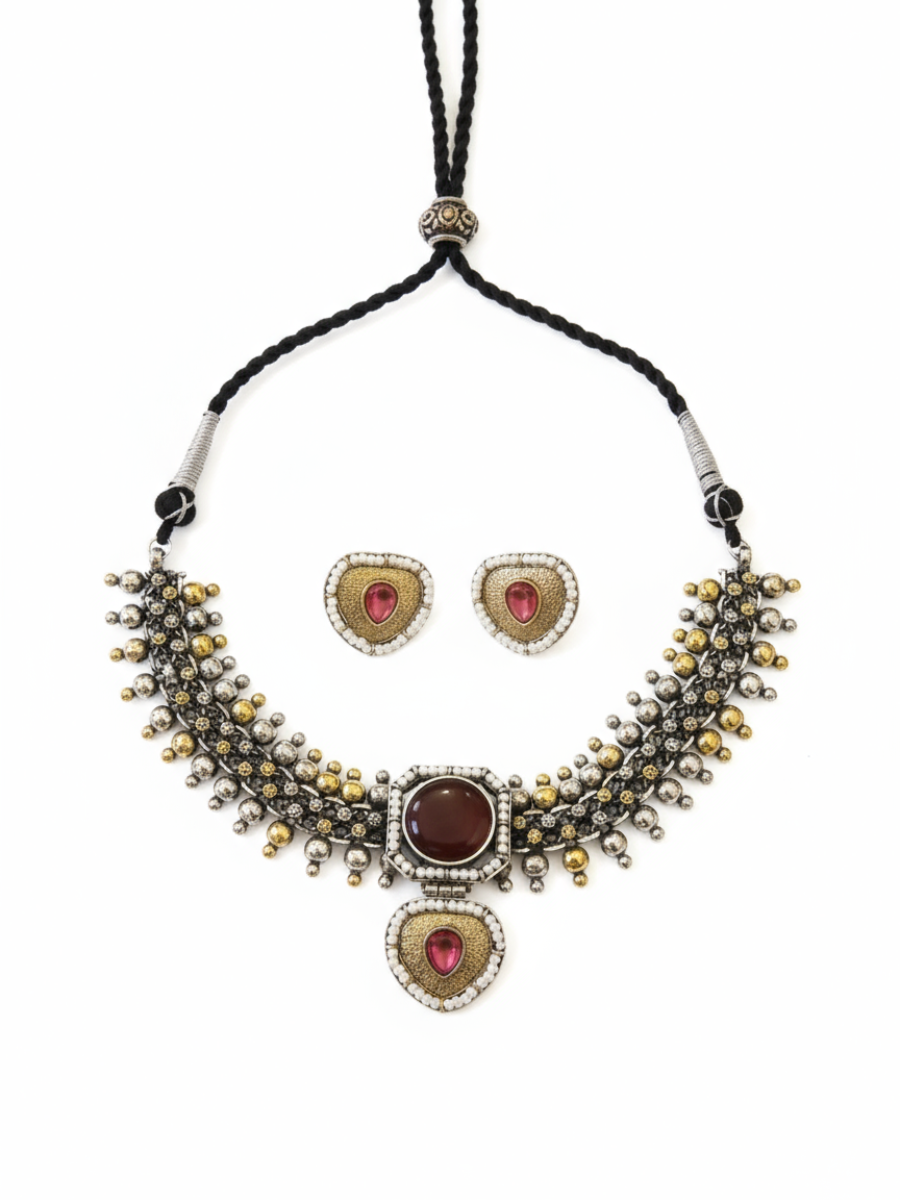 Handcrafted Dual Tone Oxidised Red Stone Choker Necklace Set