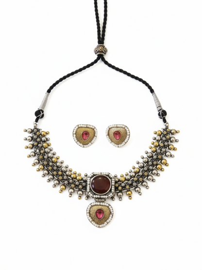 Handcrafted Dual Tone Oxidised Red Stone Choker Necklace Set