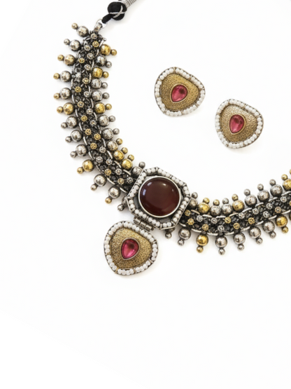 Handcrafted Dual Tone Oxidised Red Stone Choker Necklace Set - Earrings