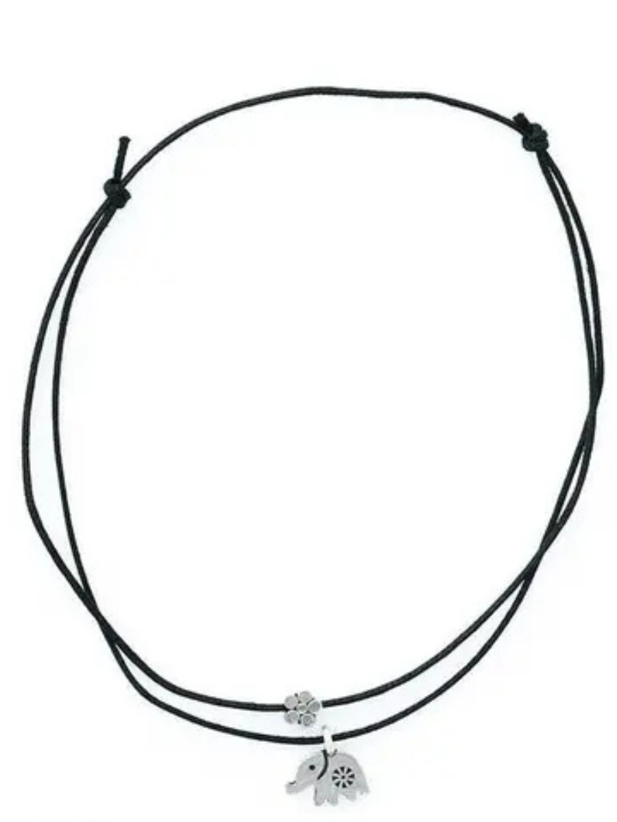 Hanging Elephant and Flower Charm Single Black Thread Anklet