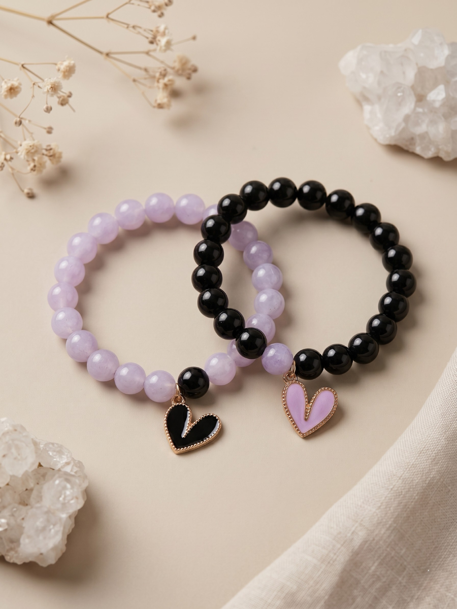 Buy Heart Charms Black and Purple Beaded Bracelets Online in India