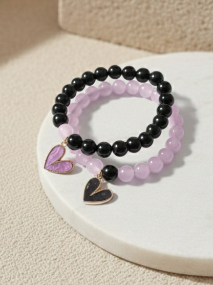 Heart Charms Black and Purple Beaded Bracelets