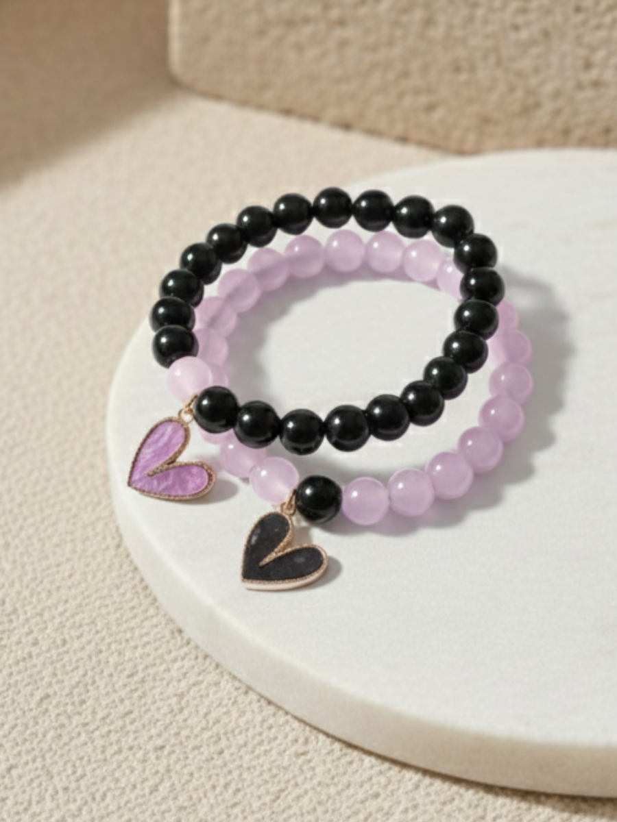 Heart Charms Black and Purple Beaded Bracelets