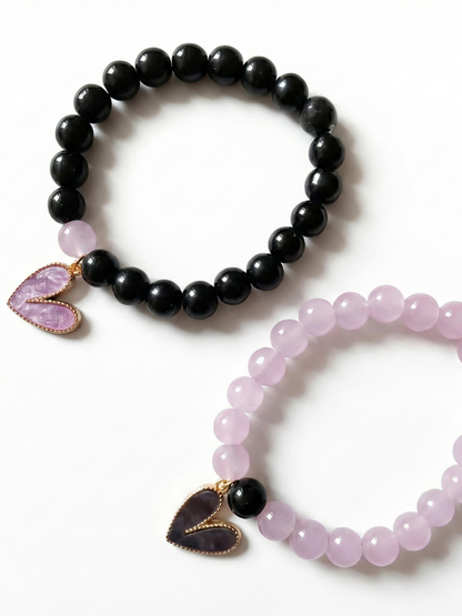Black and Purple Heart Charms Beaded Bracelets
