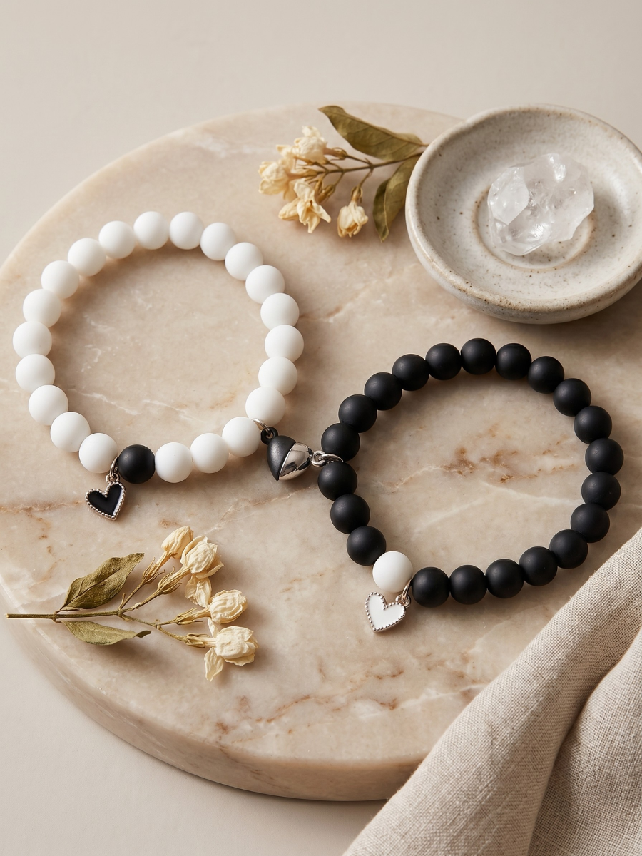 Buy Heart Charms Black and White Beaded Magnetic Bracelets Online in India