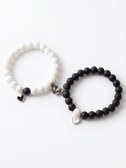 Heart Charms Black and White Beaded Magnetic Bracelets