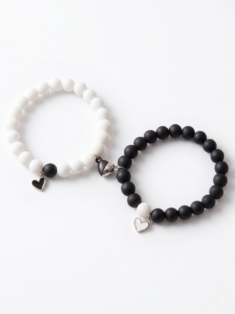 Heart Charms Black and White Beaded Magnetic Bracelets
