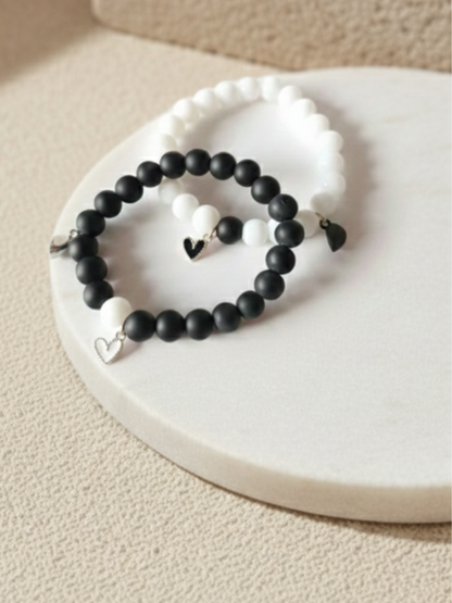 Heart Charms Black and White Beaded Magnetic Bracelets